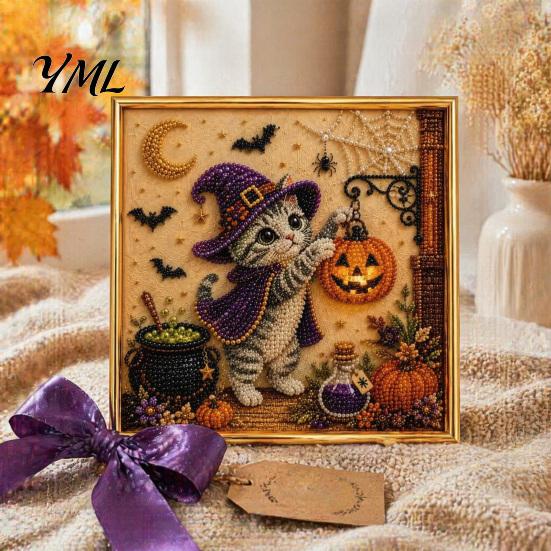 DIY Decorative Wall Hanging Halloween Cat Faux Pearl Painting Art Kit, Spooky 3D Beads Crafting Kits for Beginners Crafts, Cute Witch Gem Adults,
