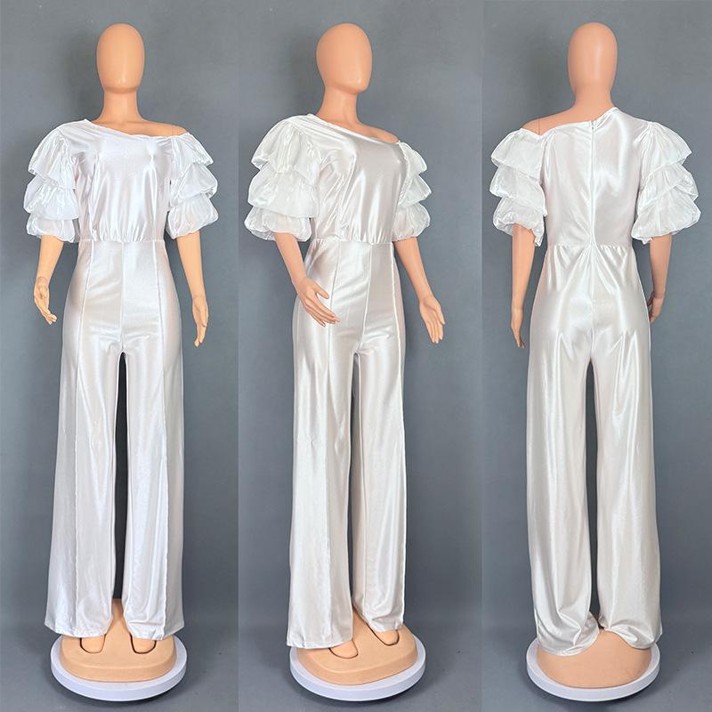 Women's One-Shoulder Stacked Sleeve Jumpsuit Party Dress 5813