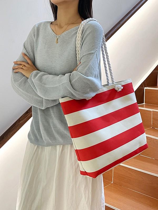 Versatile Striped Canvas Beach & Shopping Bag with Lightweight Cotton Rope Handles