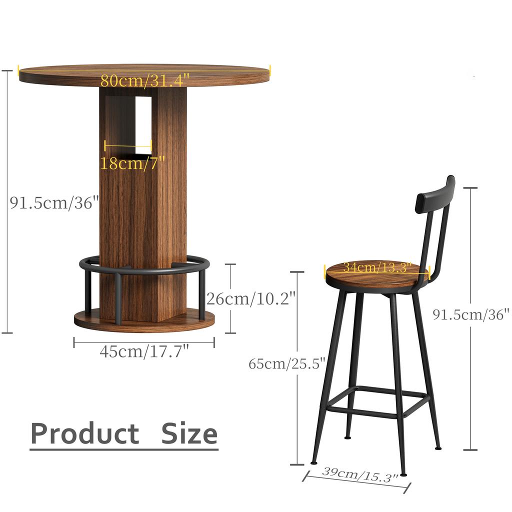 Juego de Mesa y Taburetes de Barra de 3 Piezas, Mesa Redonda de 31.5 Pulgadas con Dos Taburetes, Mesa de Comedor de Madera con Reposapiés Metálico en Forma de Anillo, Nogal