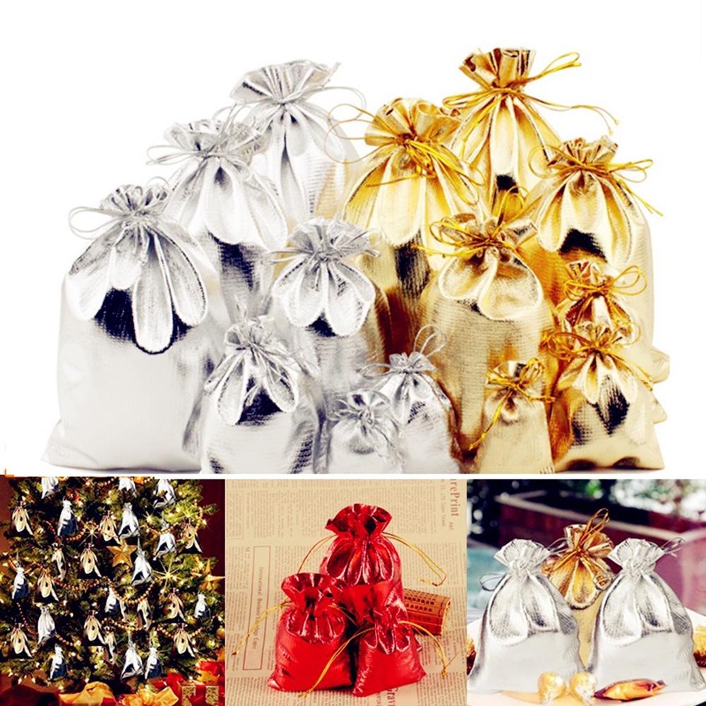 50pcs Gold Silver Metallic Organza Drawstring Pouches Candy Gift Bag For Wedding Christmas Candy Gift Bags Jewelry Packing