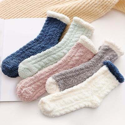 5 pares de meias de pelúcia espessas, meias de cano médio aconchegantes e quentes, meias femininas e meias