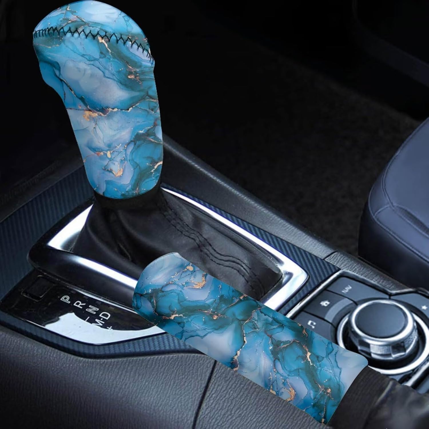 

Cow Print Car Gear Shift Knob Cover and Handbrake Covers Universal Shift Knob Cover Automotive Interior Decoration Suitable for Most Cars,SUV Blue Marble Print
