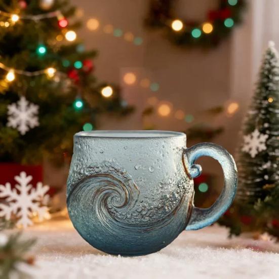 Ocean Wave Glass Mug 12oz Handcrafted Coastal Glassware for Coffee Tea Cocktails Dishwasher Safe