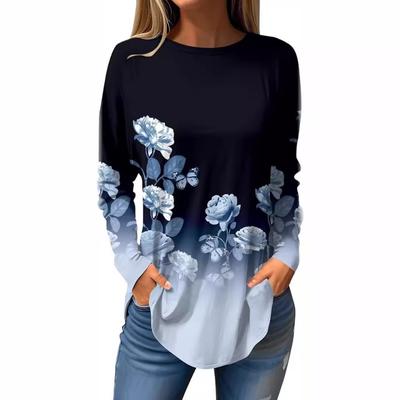 Vintage Lange Mouw 3D Geprinte T-shirts Bloemen Ronde Hals Top voor Dameskleding