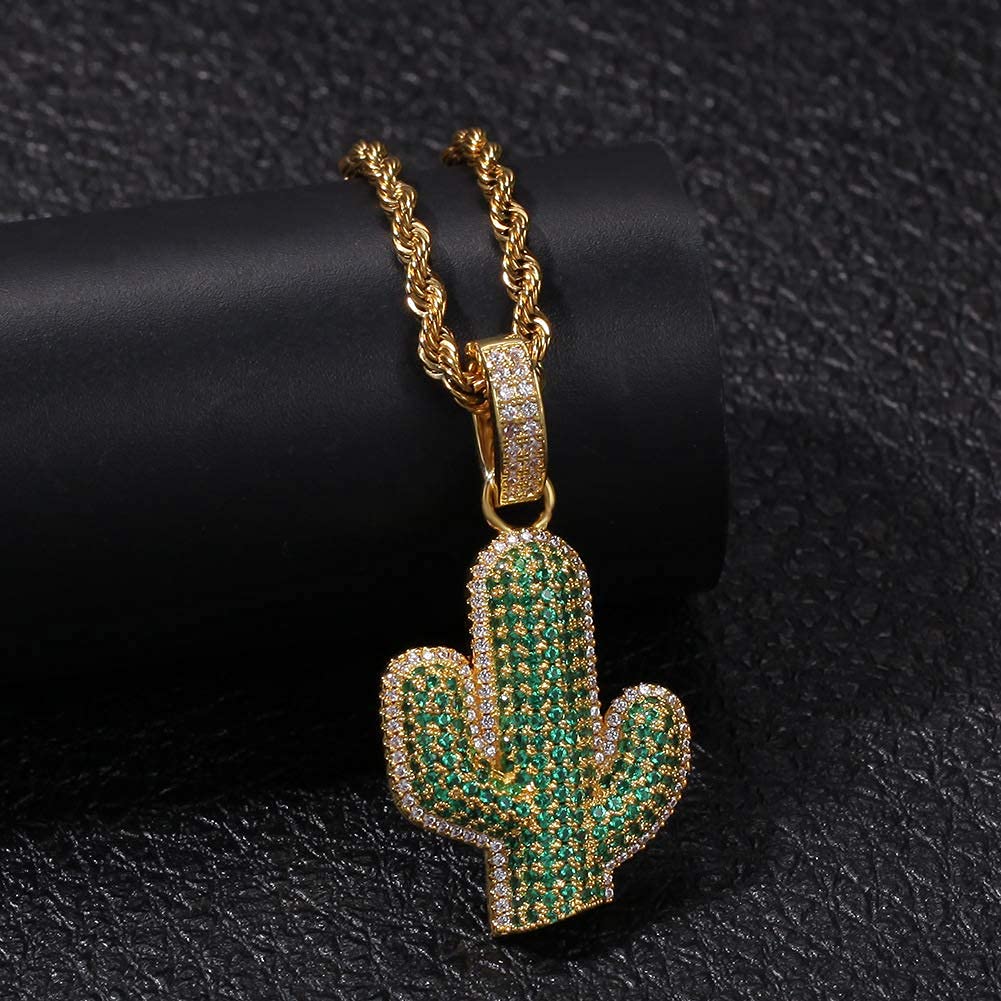 [Rockyu] Men's Necklace, Gold, AAA Zirconia, Plant/Cactus Pendant, Cool Necklace, 24-inch Stainless Steel Chain, Rock Style, European/American Style (