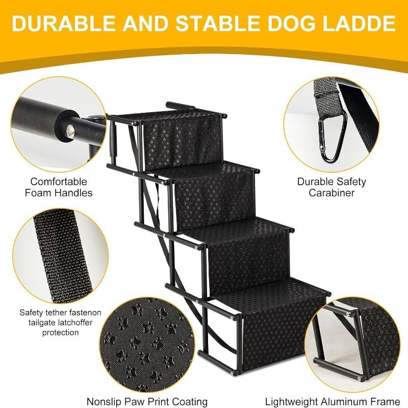 4 Steps Dog Stair Portable Folding Dog Ramps for Car SUV Truck Anti-slip Durable Die-cast Metal Pet Ramp Steps Ladder with Strap