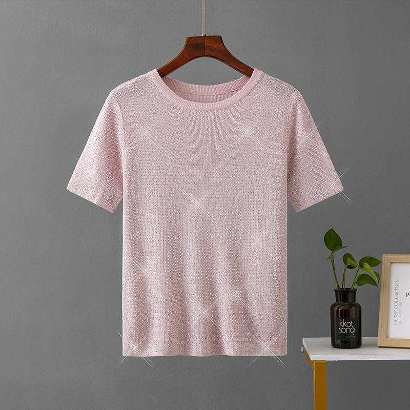 Summer Womens Fashion Basic Knitted T-shirts Female Solid Diamond Round Neck Bottoming Short Sleeve Loose Pullover Tops Solid T-shirts