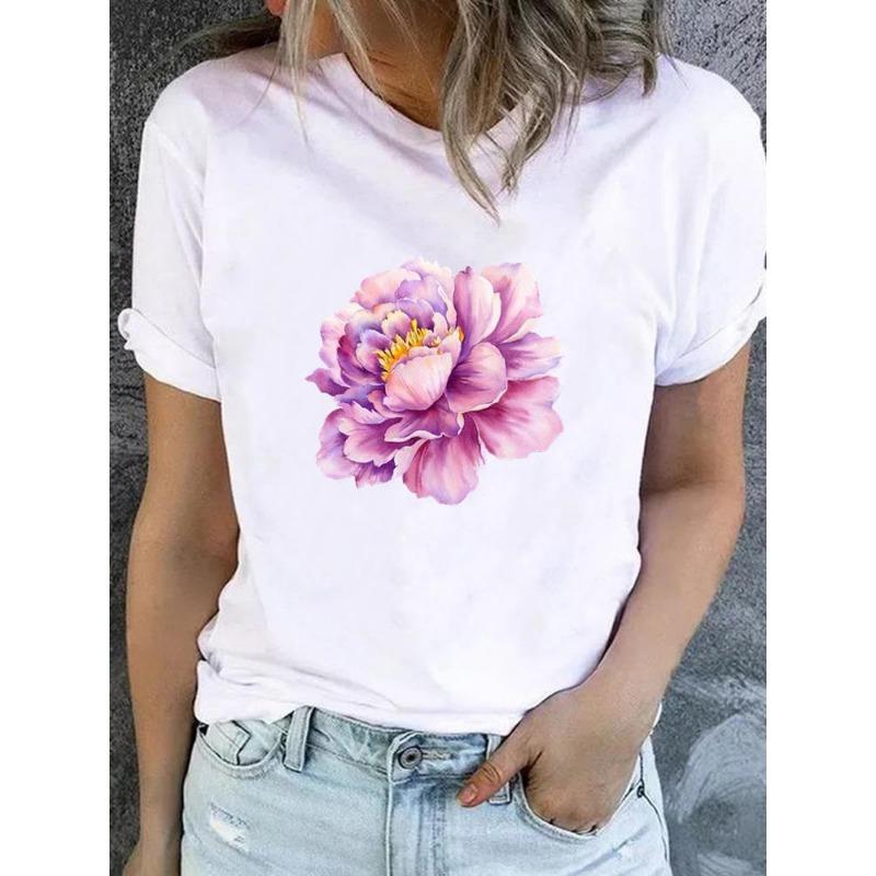 Cute Floral Print T-shirt Ladies Fashion Short-sleeved Clothing Casual Loose Top