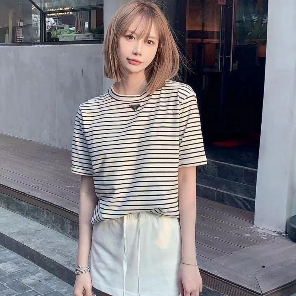 

New Stylish Stretchable Striped T-Shirt with Metal Triangle Logo - Comfortable and Breathable Street Casual Short Sleeve Top XL