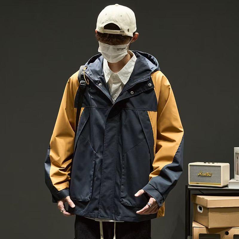 

Men s 8XL Japanese Style Hooded Windbreaker Jacket – Autumn Streetwear Patchwork Color Block M темно-синього кольору