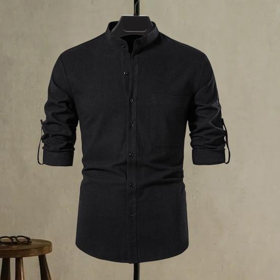 

Мужская рубашка Yousheng на весну и осень, однотонная, с длинными рукавами, приталенная, с воротником-стойкой, мягкий дышащий нагрудный карман, свободный повседневный пляжный топ средней длины