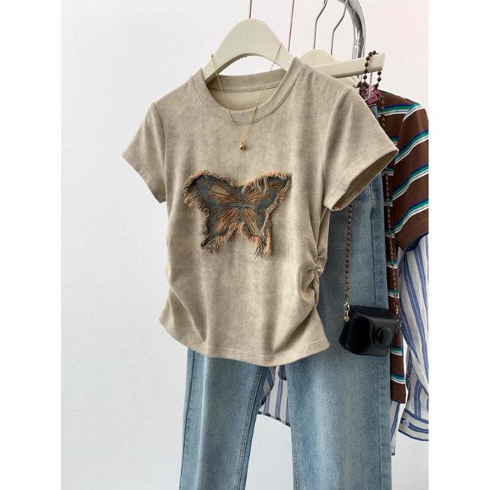 Tie-dye butterfly front shoulder short-sleeved t-shirt women s summer summer new design waist slim-fit short top S хаки