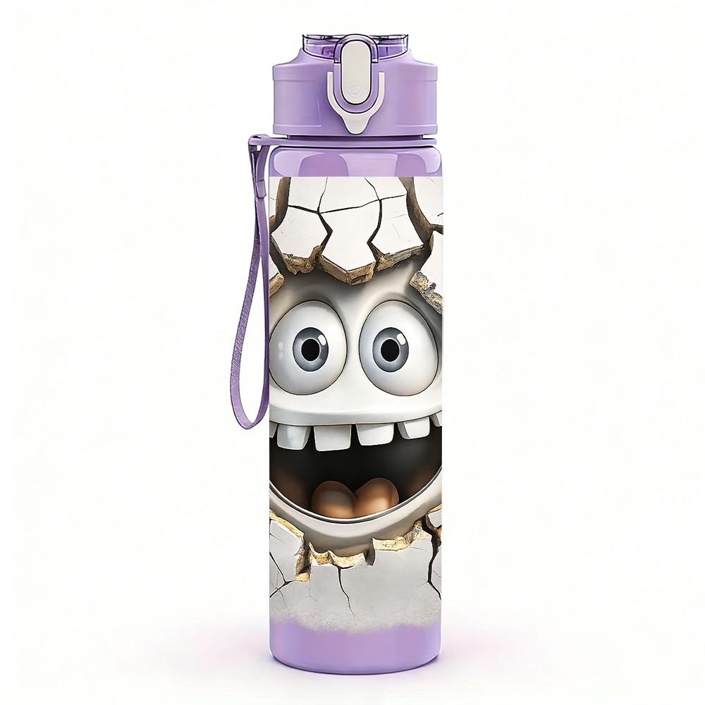 1PC Crack Wall Monster Face Cartoon Print 750ml Color Plastic Sports Water Bottle Leakproof Flip Straw Lid Suitable for Sports Office Home Use