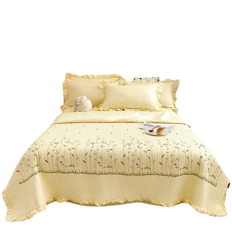 New Chiffon Summer Quilt Set Quilted Girl Heart Washed Cotton Ruffled Double Bed Cover