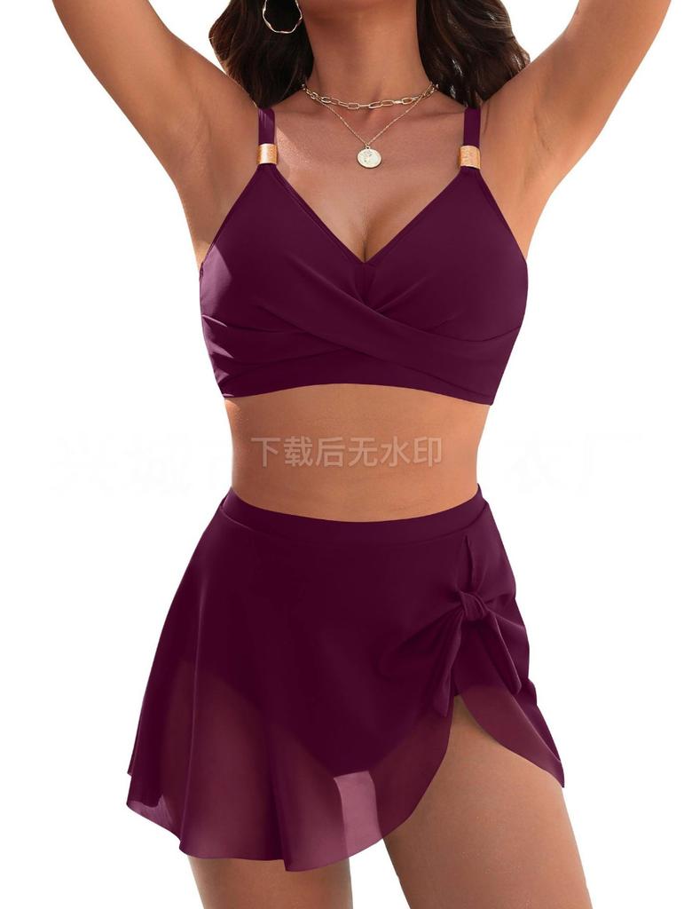 1011 European and American bikini swimsuit female sexy solid color thin mesh skirt split explosion swimsuit