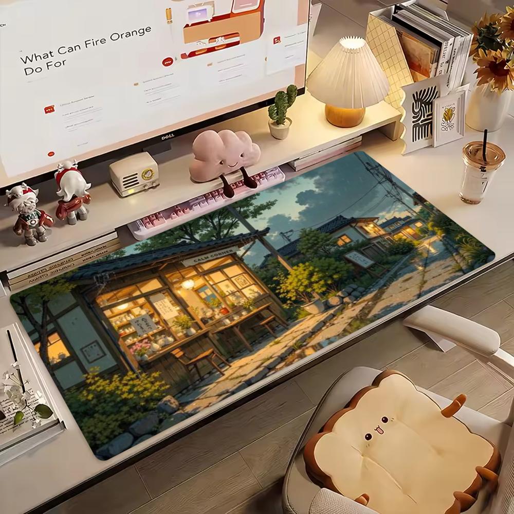 Cozy Anime Street Extended Gaming Mouse Pad Non-Slip Rubber Base Large Desk Mat Mouse Pad For Laptop PC Gaming Setup Decor