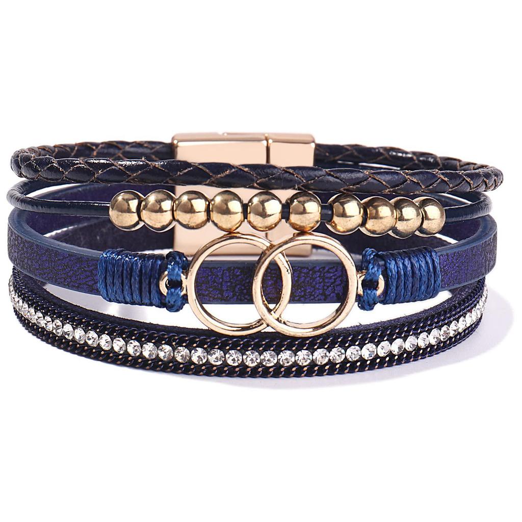 Damen Handgefertigtes Geflochtenes Lederarmband mit Doppelring Magnetverschluss und Strasssteinen