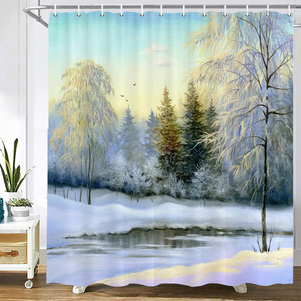 Natural landscape Shower Curtain Decor Waterproof Fabric Bathroom Curtains Painting Forest Seaside Scenery Bath Screen with Hook