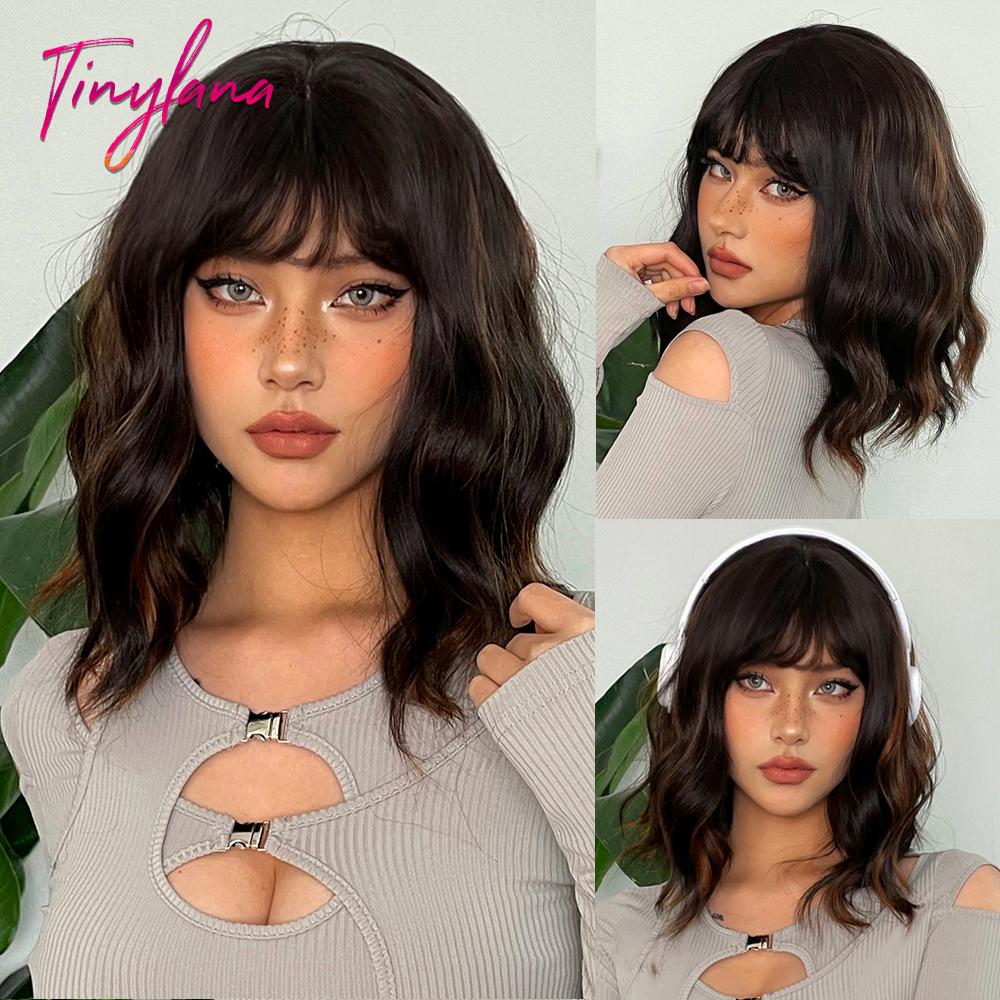 Short Bob Gray Purple Synthetic Wigs with Bangs Curly Cosplay Purple Ombre Wig for Women Afro Natural Wave Hair Heat Resistant