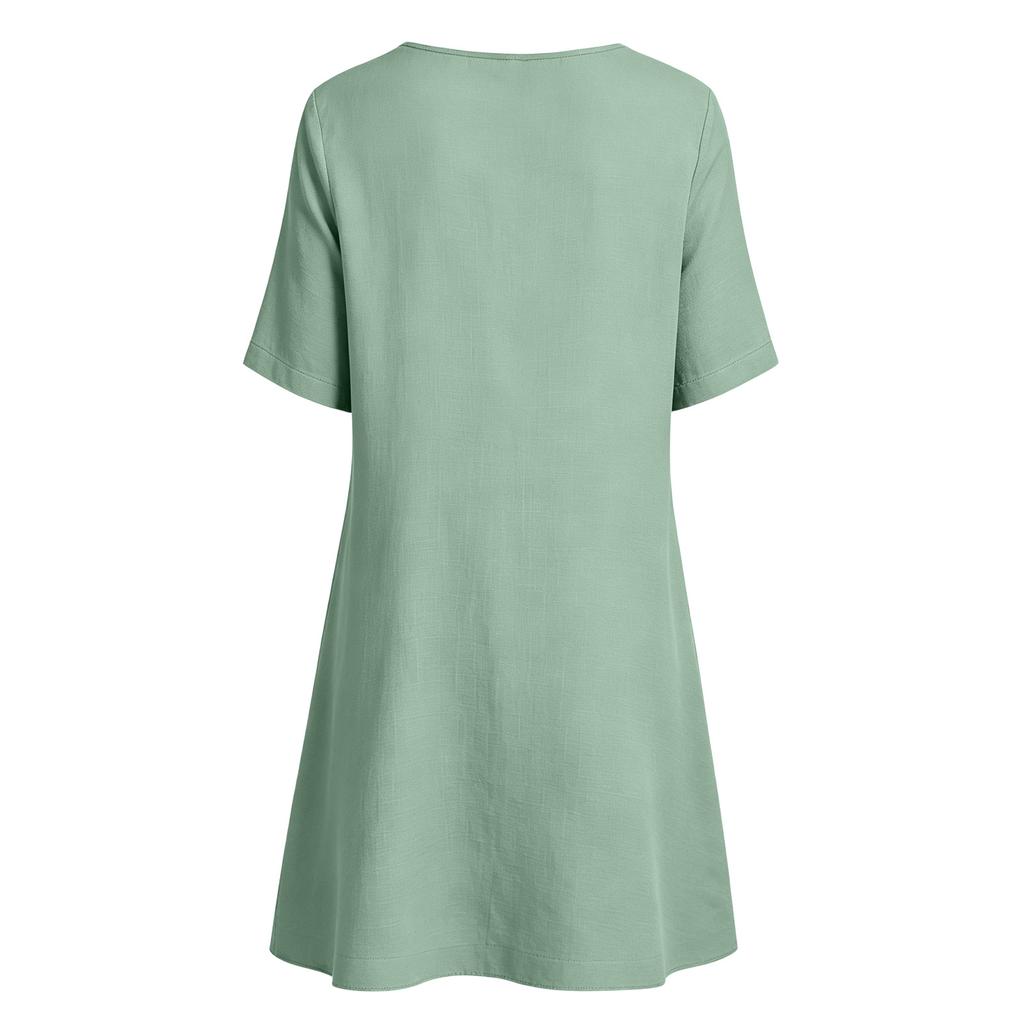 Women's Casual Fashion Dress Round Neck Short Sleeve Dress with Pockets Embroidered Front Panel Relaxed Fit