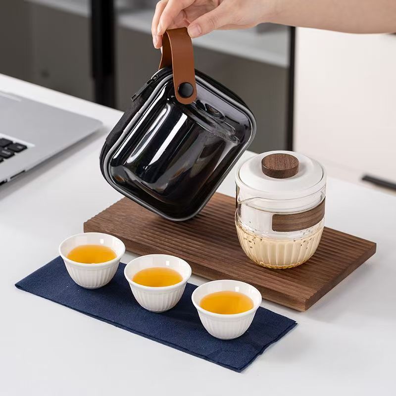 Modern simple Kung Fu travel tea set, glass filter, one pot, three cups, insurance bank company souvenir