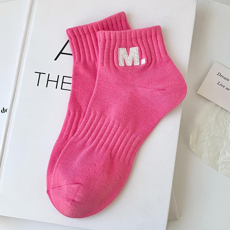 Women's Spring and Summer Short Socks, Solid-colored Cotton Socks, Embroidered Candy-colored Sports Socks, Thin Boat Socks