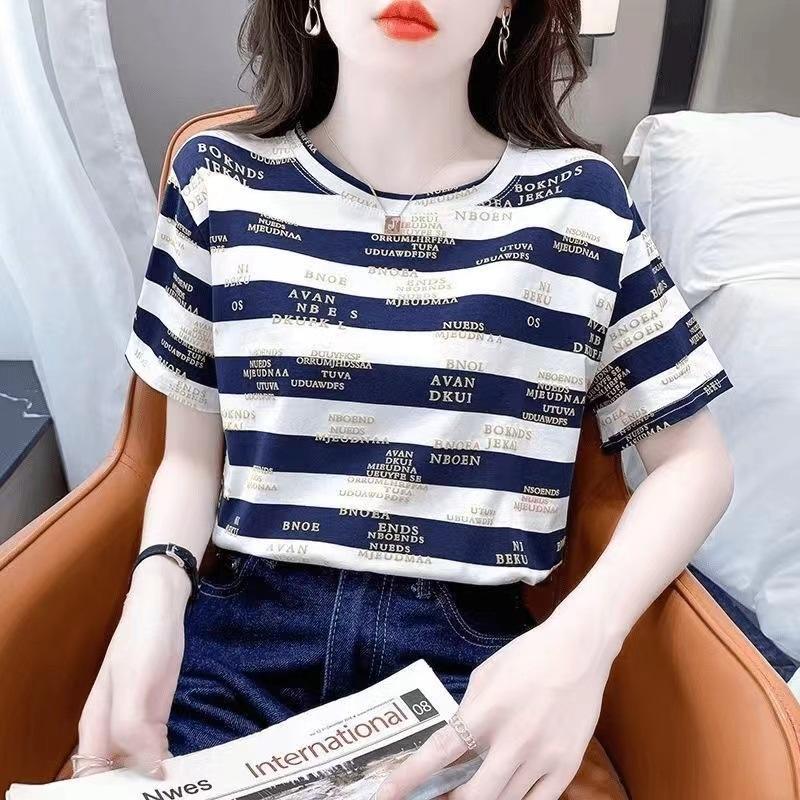 

Summer Ladies Loose Fit Striped Short Sleeve T-Shirt Korean Style Half Sleeve Top Round Neck Loose Blouses & Shirts XXL