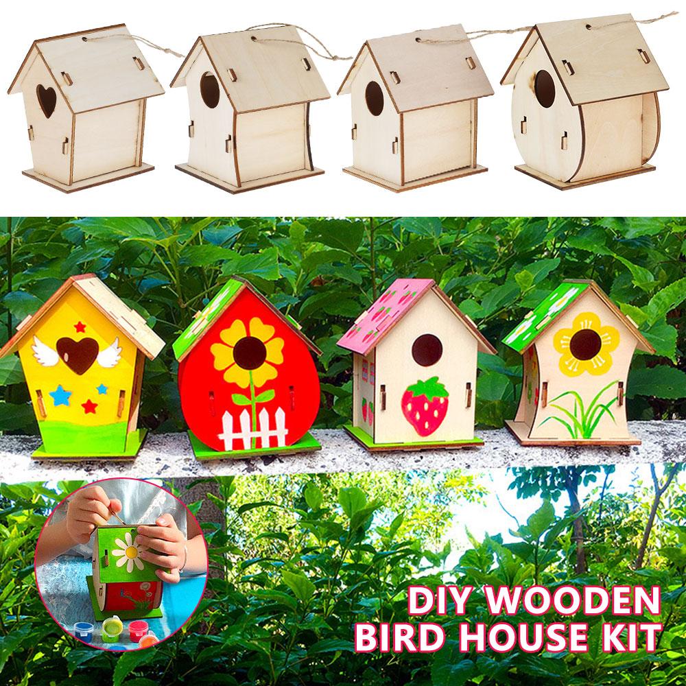 4pcs DIY Wooden Birdhouse Kits Creative Arts and Crafts Set for Kids Christmas Gift Unfinished Wood Birdhouses Painting Kit