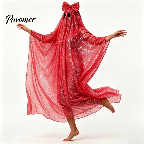 White Ghost Poncho Sequin Cape for Women, Cute Halloween Costume Cloak with Holiday Cosplay Bows, Lightweight Mesh Pullover Robe Party Photoshoot