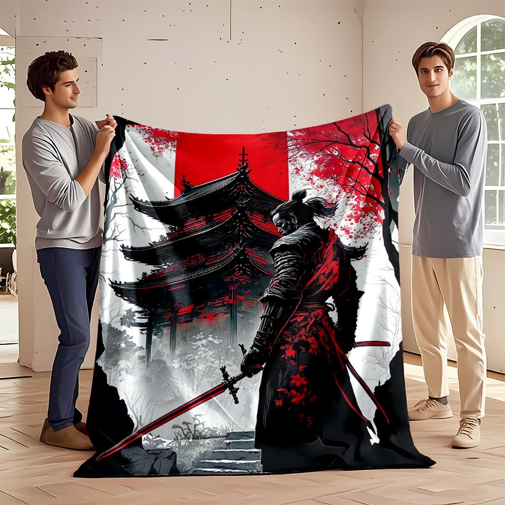 Samurai with Red Sword and Pagoda Backdrop Flannel blanket for bedroom, living room, sofa, and nap sofas