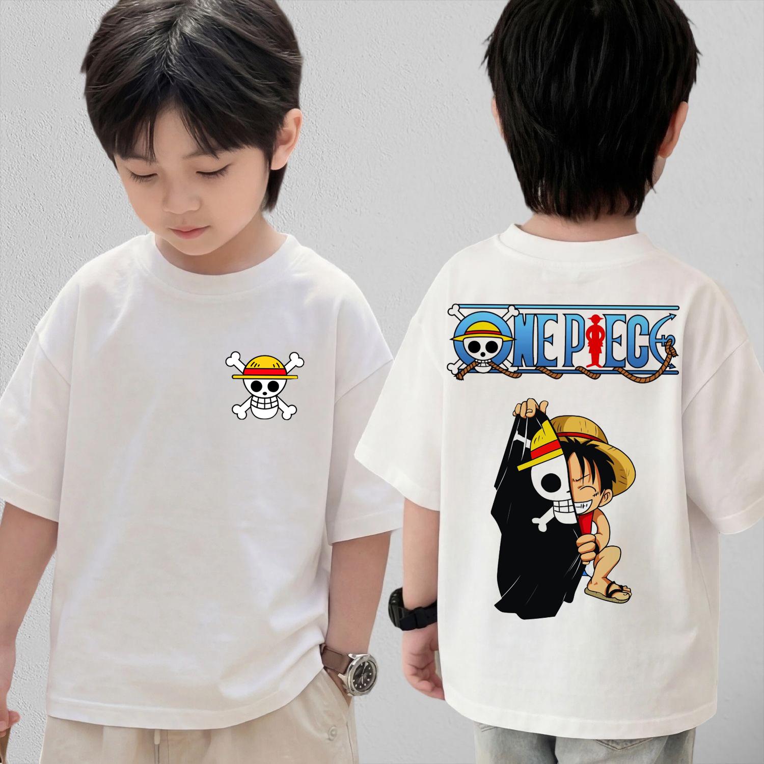 

One Piece Cute Chibi Character Print Cotton T-Shirt Kids Clothes 2026 Summer Short-Sleeve Casual Tee Tops 110