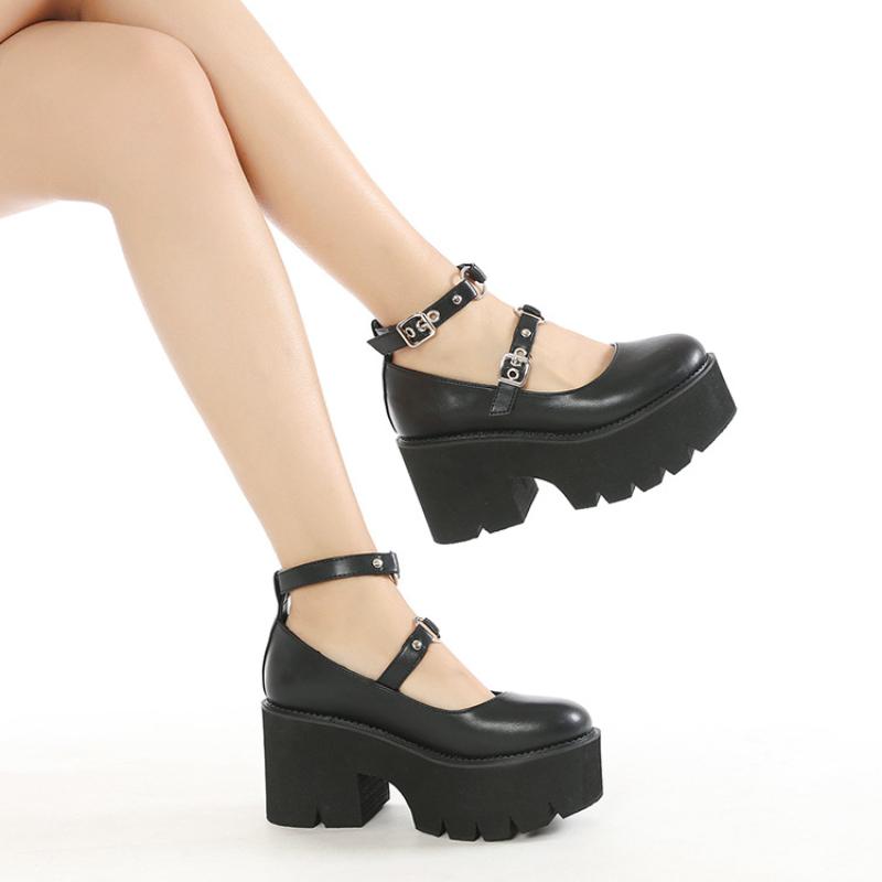 Gothic Chunky Platform Shoes Women Buckle Strap Thick High Heels Mary Janes Pumps Girls Black Lolita Cosplay Shoes Size 42 43