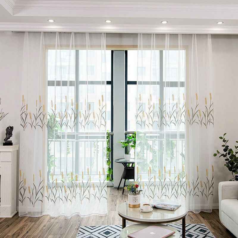 Cortinas de tule bordadas modernas com espigas de trigo para sala de estar, quarto, janela, cortina transparente, cortina, voile, decoração de cozinha personalizada