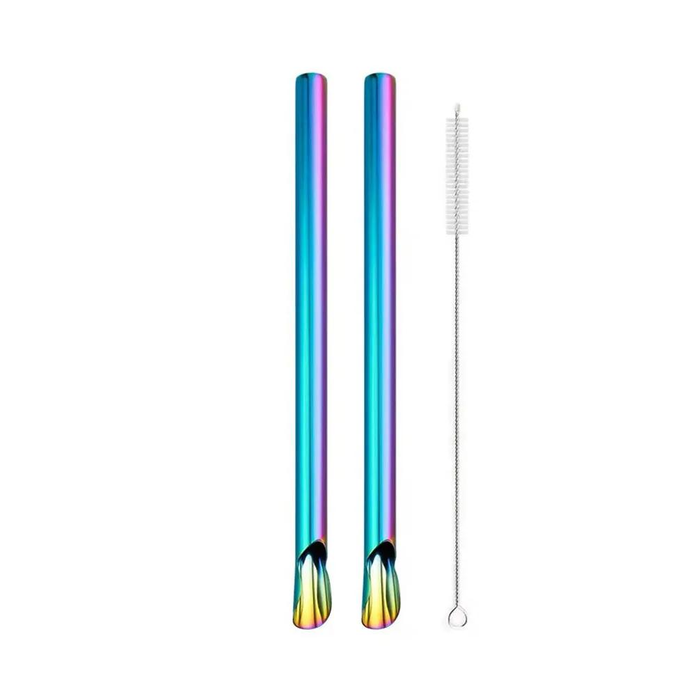 2/4Pcs ReusableDrinking Straw Smoothie Milkshake Scoop Stainless Steel Straw Spoon Durability Stirring Spoon  with Brush Set Bar