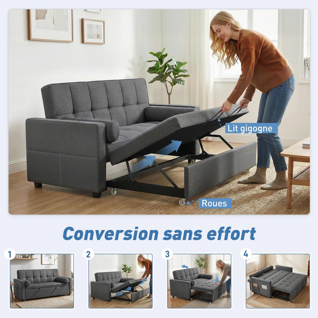 Convertible Sofa Bed, 2-Seater 3-in-1, Pull-Out Bed, 2 Cushions, 80.5 x 137.5 x 84 cm, Grey