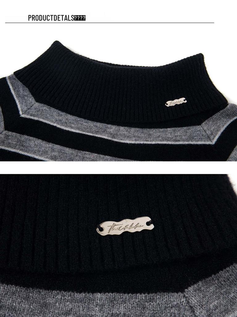 Women's Grey-Black Striped One-Shoulder Sweater - Autumn/Winter Korean Style, Long Sleeve Knit Top, High-End Feel, Trendy and Cozy.