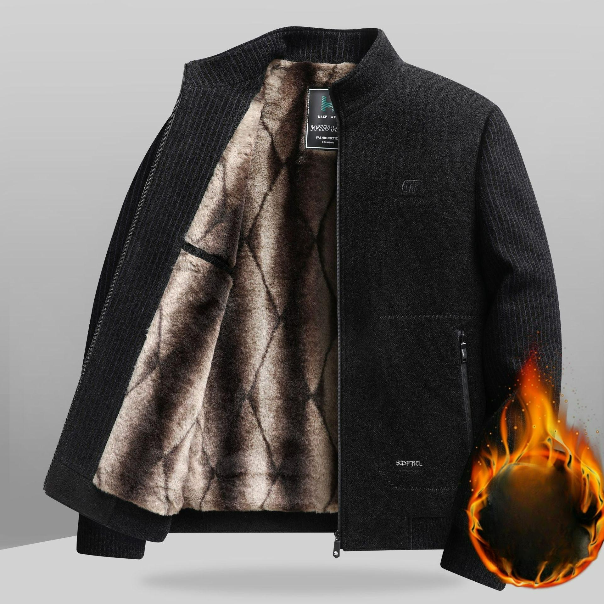 Autumn and Winter Men s Plus Velvet Thick Chenille Jacket Dad Loose Stand-up Collar Jacket 170