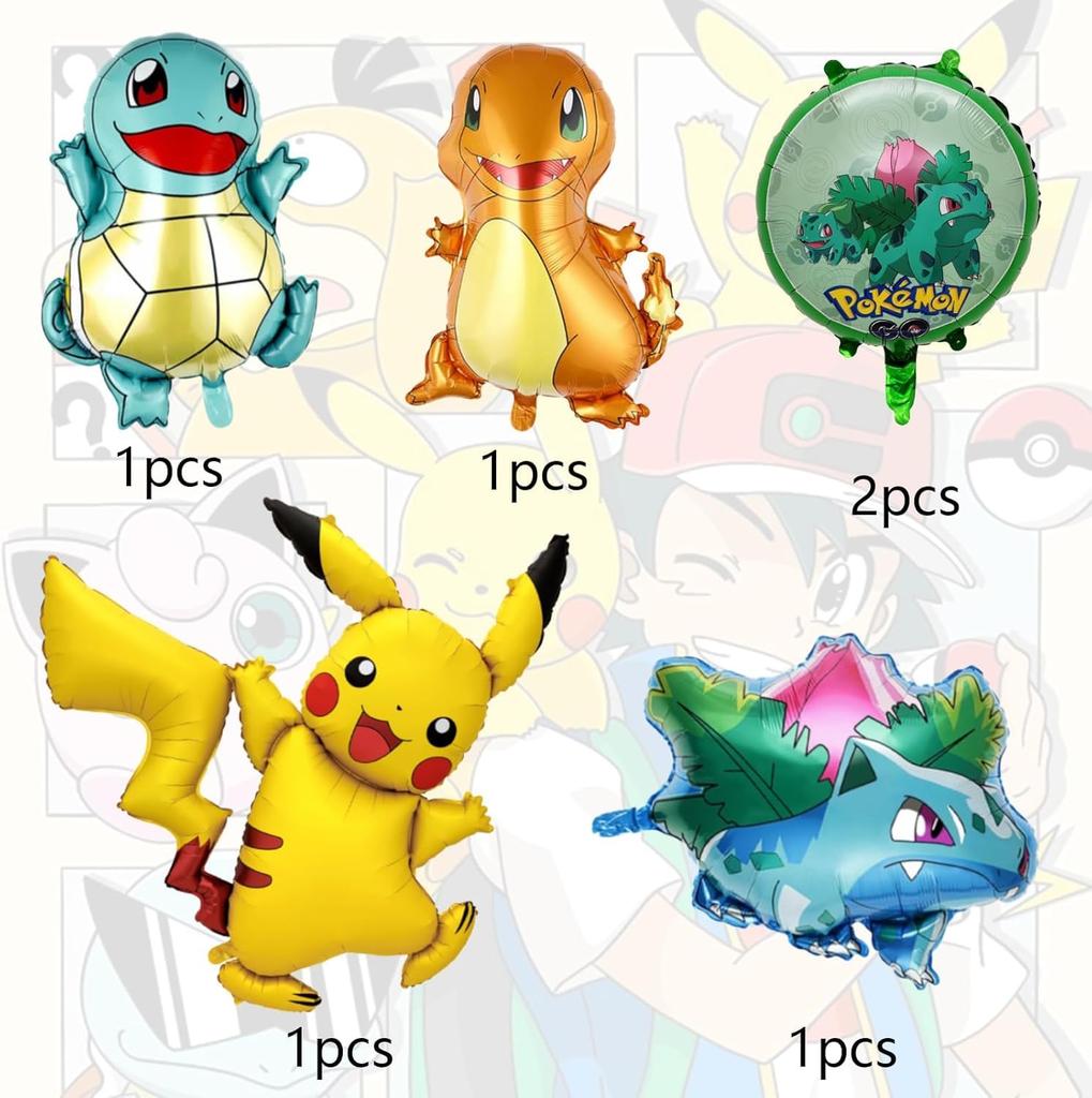 Classic Pokemon Aluminum Balloon Set Vibrant 3D Character Party Durable Foil Material (6 Balloons) - Shapes, Decorations,