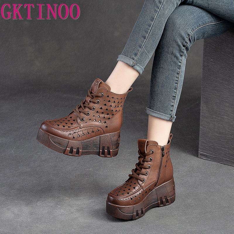 Mode GKTINOO 7cm Atmungsaktiv Sommer Hohl Damen Mokassins Reißverschluss Weich Mode Sandalen Schuhe Damen Echtes Leder Stiefeletten