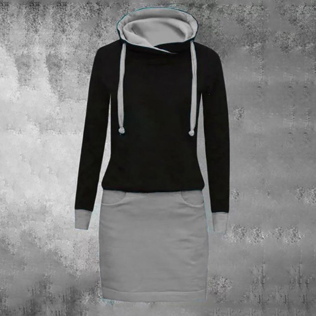 Kvinner Casual Solid Block Langermet O- Hals Over Kneet Kjole Løse kjoler