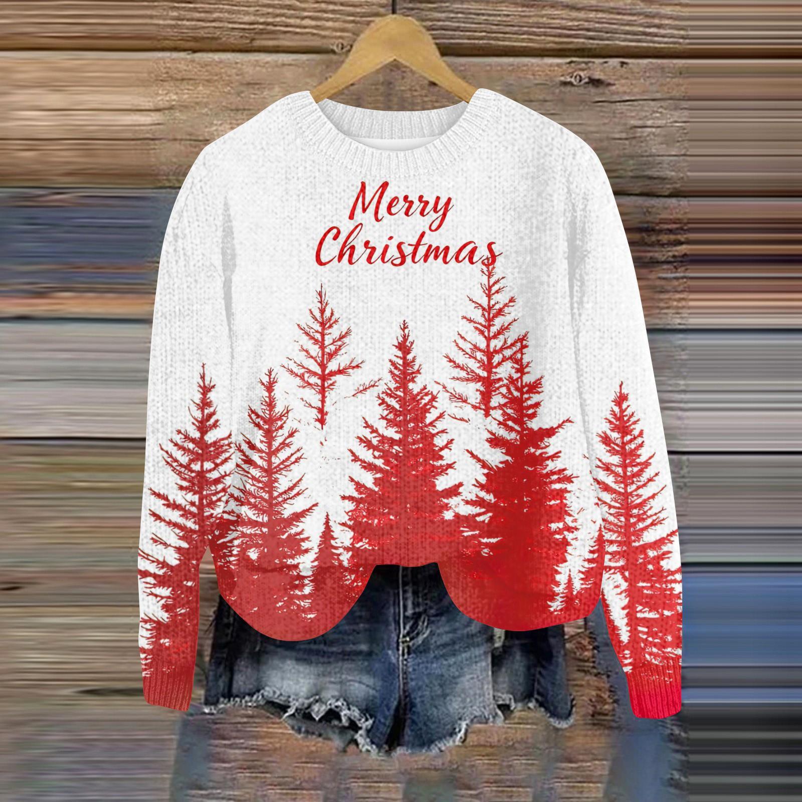 

Рождественские толстовки для женщин Вязаный свитер Милая рубашка Осенний свитер с круглым вырезом Топы XXXL белый