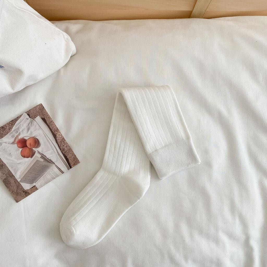 Leg Warmers - Pure Cotton Autumn/winter Mid-length Socks with School-style Vertical Stripes, Slightly Compressive and Slimming, White Long Socks.