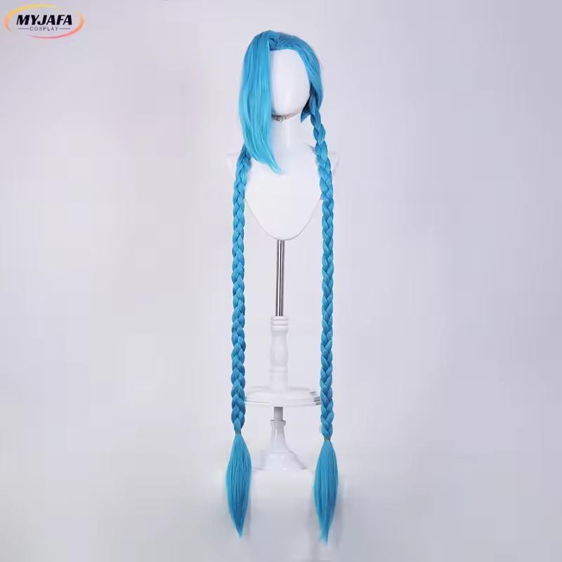High Quality Jinx Cosplay Wig Long Braided Blue Braid Heat Resistant Synthetic Hair Anime Party Halloween Wigs + Wig Cap
