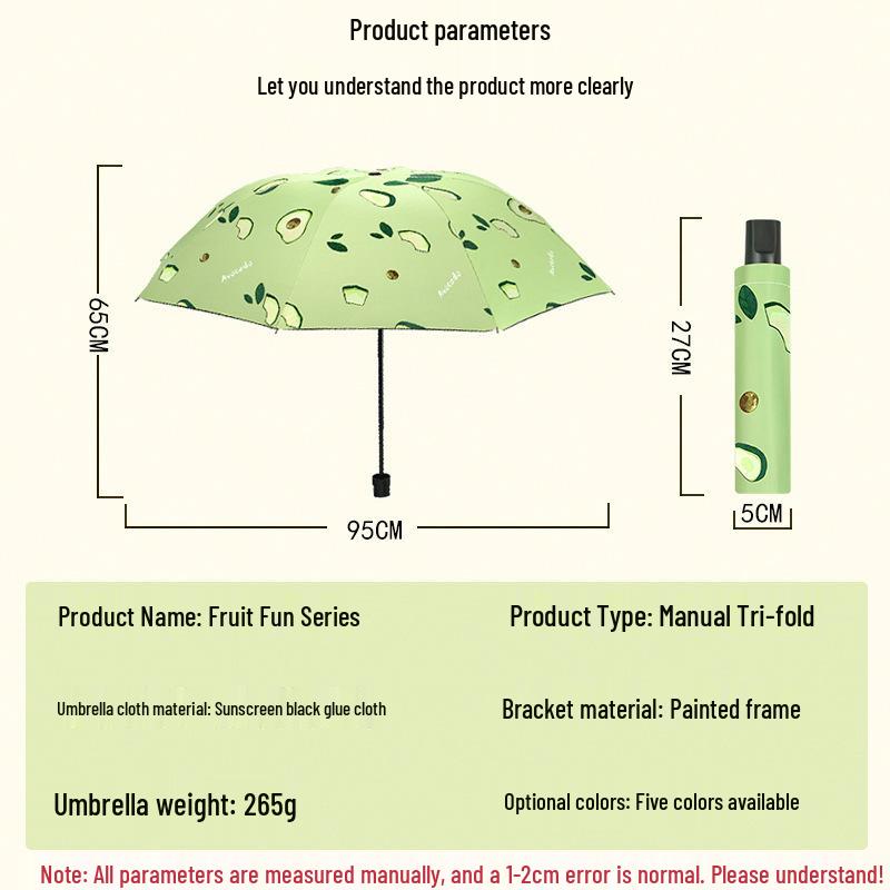 Summer Fresh Fruit Pattern Dual-Use Three-Fold Umbrella for Sun and Rain, Black Glue Design