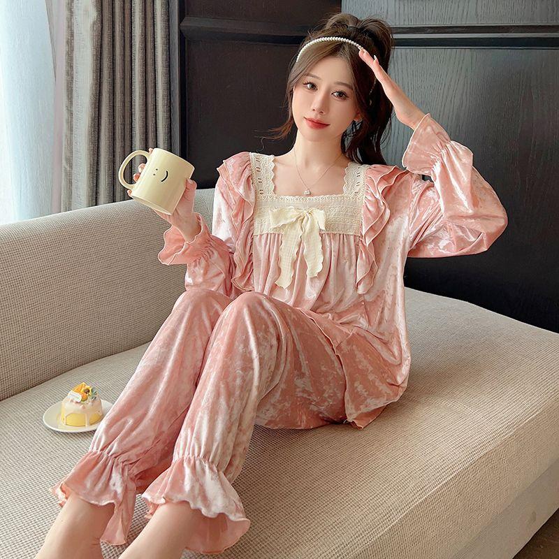 

Пижамный комплект для женщин из золотистого бархата с длинными рукавами Palace Diamond Velvet French Sweet Ladies Home Clothes XL