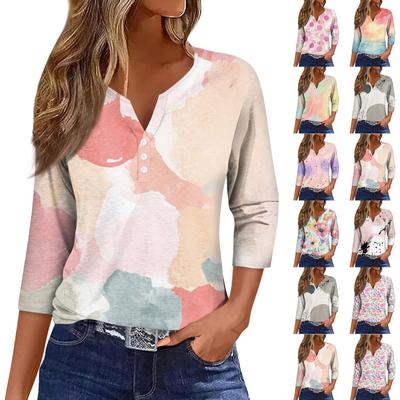 Women's Fashion Casual Printed V-Neck Short Sleeve Decorative Button Three-quarter Sleeve T-Shirt Top