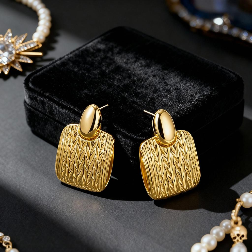 Vintage Rectangular Earrings – 14K Gold-Tone PVD Plated with Hammered Texture, Hypoallergenic Minimalist Studs for Everyday Wear