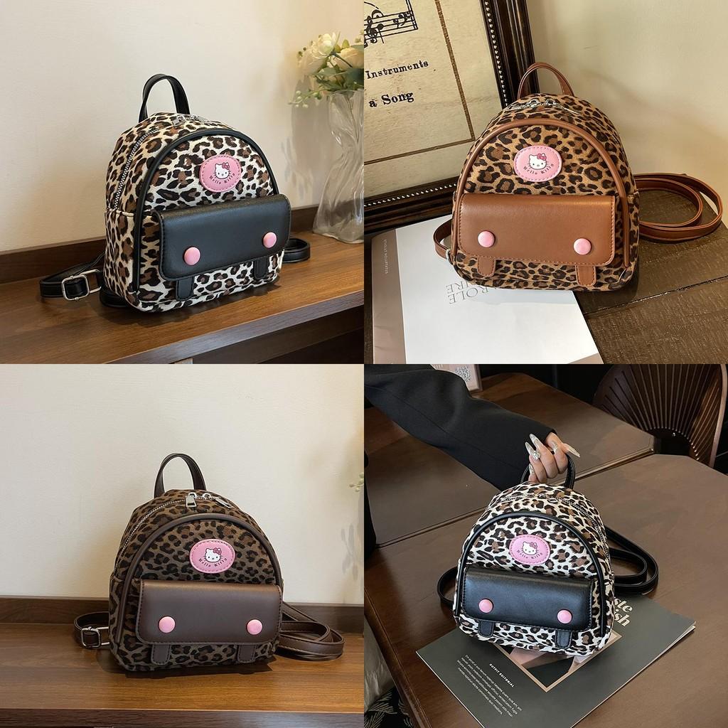 Hello Kitty Fashion Leopard Print Mini Backpack With Zipper Closure For Daily Use