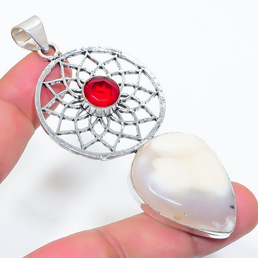 

Natural Dendrite Opal, Garnet 925 Sterling Silver Jewelry Pendant 3.23 n2g45